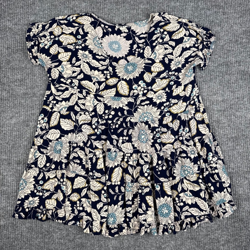 Gypsy Love Swing Top Womens L Blue Floral Rayon Boho Ruffle Short Sleeve Cottage